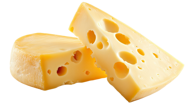 Emmental cheese with yellow holes showing Swiss dairy product and delicious aged food ingredient isolated on white background - Powered by Adobe
