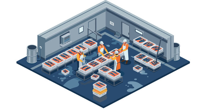 Workers processing fish in modern isometric seafood facility