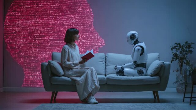 Female reading to humanoid robot on sofa with ai-themed backdrop