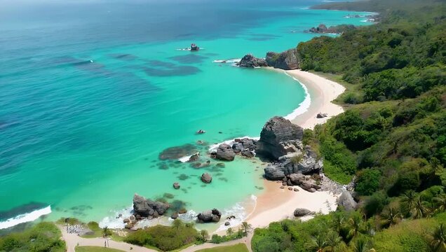 stunning 4k aerial view la caleta national park santo domingo dominican republic filmed august 5 2026 showing turquoise waters rocky coastlines natural beauty ideal tourism promotion environmental
