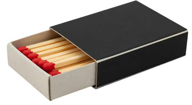 Black matchbox filled with matches ready for use on a dark background