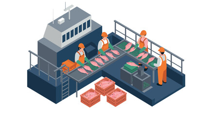 Obraz premium Isometric fish processing factory with workers on conveyor belt