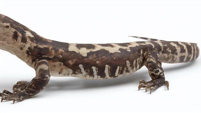 Detailed view of a lizard with unique pattern on white background.