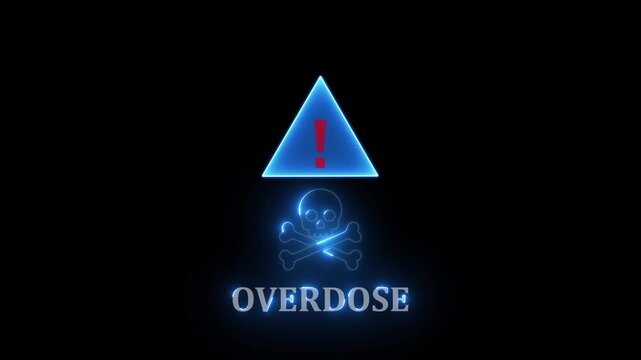 An ambulance illuminated with emergency lights, symbolizing urgency, juxtaposed with a warning about drug overdose. A stark reminder of a critical issue. Motion graphics of overdose concept.