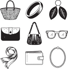Nine detailed eco fashion accessories on white background vector