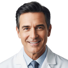 Smiling middle aged male doctor in white coat isolated on transparent background