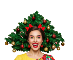 Funny woman with creative Christmas tree hairstyle