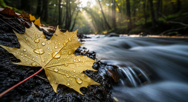 Wet, yellow maple leaf on rock, near flowing stream in forest. Symbolizes autumn season, change, nature's cycle, and tranquility with blurred water movement