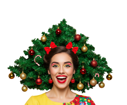 Funny woman with creative Christmas tree hairstyle