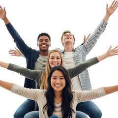 Diverse group of young people celebrating with arms raised isolated on transparent background