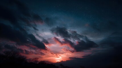 Obraz premium Dramatic twilight sky with fiery clouds and distant stars above a dark silhouette