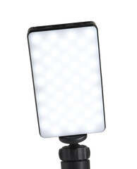 Stylish LED lamp on tripod isolated on white