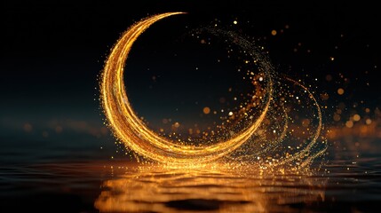 Golden crescent moon with sparkling particles reflected on dark water surface, ethereal abstract design