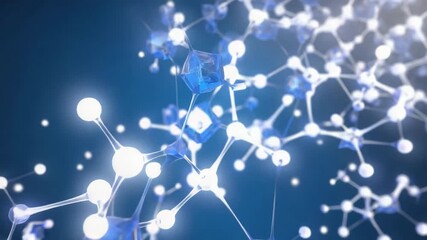 Illuminated molecular structure with glowing spheres and blue connectors on a gradient background - Powered by Adobe