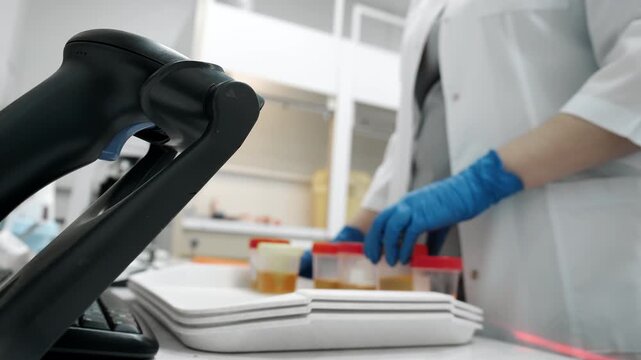 Scientist in blue gloves scanning urine sample barcode with laboratory scanner in modern clinical lab under bright light.