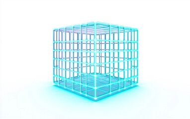 Floating neon grid cube with glowing borders representing futuristic digital innovation and modern geometric artistry isolated on transparent background PNG