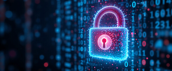 3d glowing Christmas theme digital padlock made of binary digits, abstract digital bokeh effect, in green-white-aqua-golden gradient