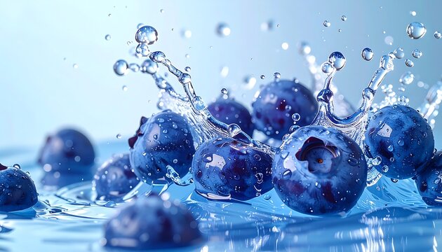Fresh blueberries in water splash, healthy fruit concept.