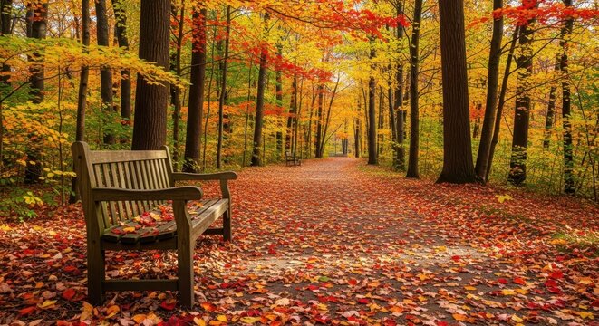 Empty wooden bench invites peaceful reflection amidst a vibrant autumn forest pathway