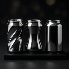 Three metallic beverage cans with unique designs, showcasing a sleek and modern aesthetic on a dark background