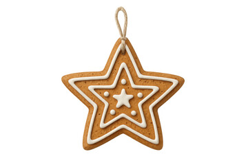Fototapeta premium Gingerbread star cookie hanging as a christmas ornament with white icing decoration on transparent background