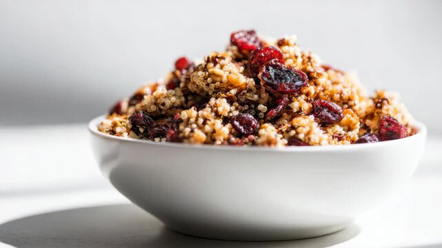 Healthy quinoa cranberry breakfast bowl with nuts in white dish