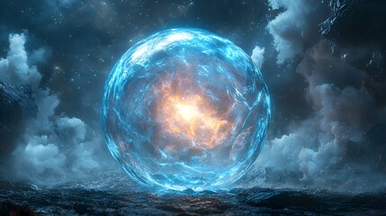 Glowing energy sphere in dark night sky.