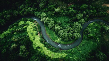 Fototapeta premium Aerial view of a winding river cutting through a lush green forest, evoking tranquility