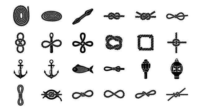 Nautical rope knot set, fishing elements, and marine designs for vintage logo creation