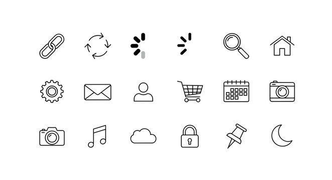 Modern website icons for user interface design, simple and intuitive symbols, thin line style
