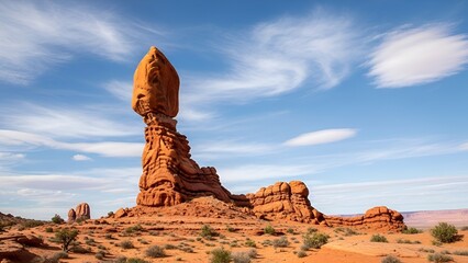 Balanced rock formation in a desert landscape with red rock and sparse vegetation under a vibrant blue sky with white clouds