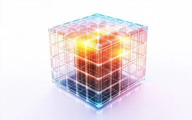 Abstract luminous cube structure designed with radiant neon edges symbolizing technology and virtual creativity isolated on transparent background PNG