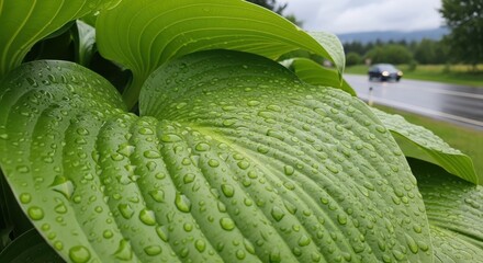Obraz premium Close up of lush green hosta leaves glistening with fresh raindrops after a summer shower