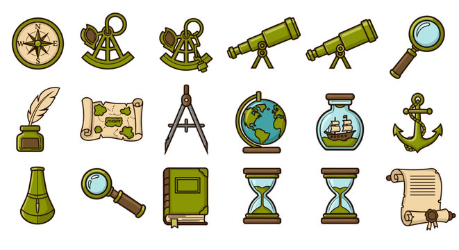 Vintage exploration tools compass map telescope globe hourglass ship anchor icons set