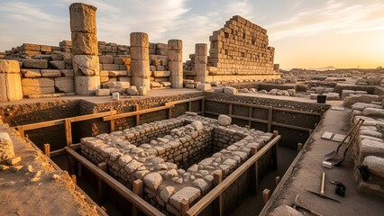 Ancient archaeological ruins with stone structures and columns at sunrise, showcasing historical excavation site