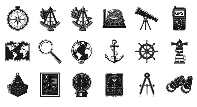 Vintage navigation tools map globe compass sextant telescope nautical adventure