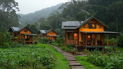 Eco-friendly cabins nestled in lush green valley.