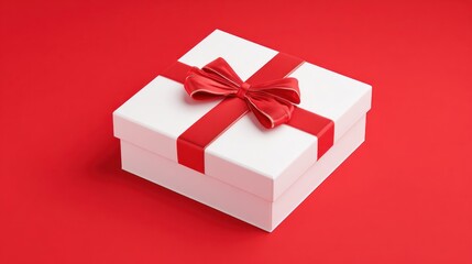 Fototapeta premium Elegant White Gift Box with Red Ribbon on Red Background.