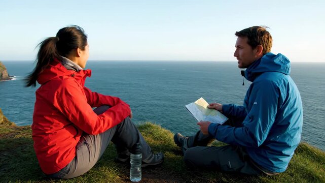 Couple hiking coastal cliff with map and water bottle enjoying scenic ocean view outdoor adventure nature calm cool weather rest read