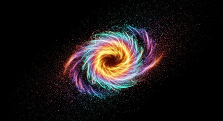 Brilliant colorful energy spirals outward from a bright central core against a dark background