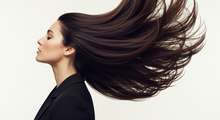 A profile of a woman with flowing, long hair, showcasing elegance and movement against a neutral background.