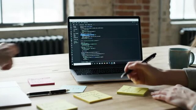 Programming code laptop computer office desk sticky notes software development coding technology workspace pen modern workspace cup hand workspace