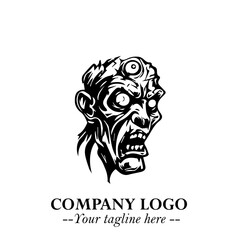 Head of Zombie Logo Symbol in Black on the White Background with Horror Minimal Vector Design