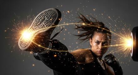 A dynamic image of a fighter executing a powerful kick, creating sparks, showcasing strength and agility in martial arts.