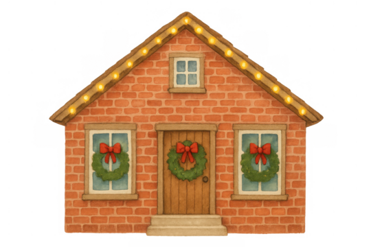 Christmas brick house watercolor illustration with festive wreaths and glowing string lights, transparent background - Powered by Adobe
