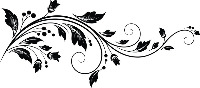 Elegant black floral flourish with swirling vines and leaves on a white background