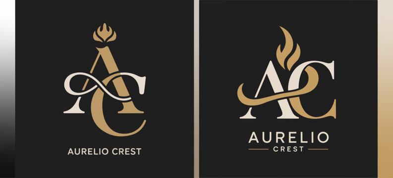 Aurelio Crest AC monogram logo set with flame and infinity ribbon, elegant gold on black variations; premium luxury brand identity emblem vector design