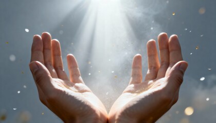 Open hands illuminated by light, symbolizing hope and connection with the universe amidst a backdrop of floating particles.