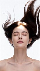 A serene portrait of a woman with flowing hair, eyes closed, exuding tranquility and beauty against a minimalist backdrop.