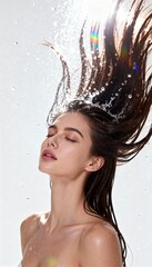 A serene image of a woman with flowing hair immersed in water, capturing a moment of tranquility and beauty under soft lighting.